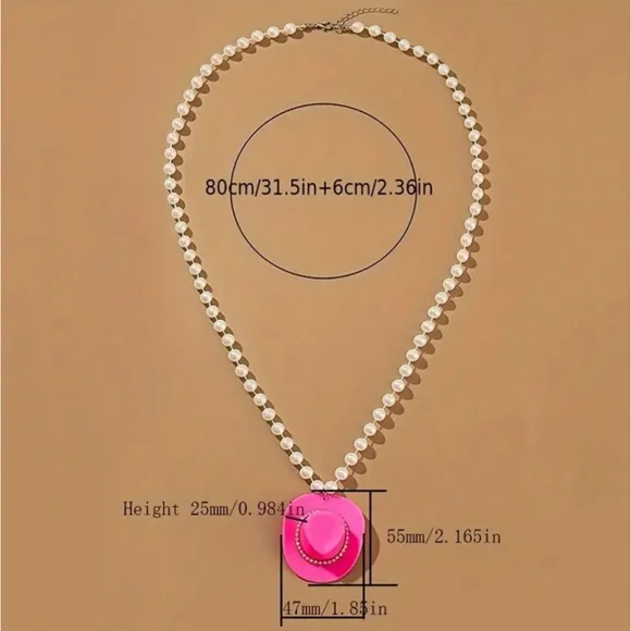 Pearl Necklace with Pink Cowboy Hat Rhinestone Pendant - Picture 4 of 4